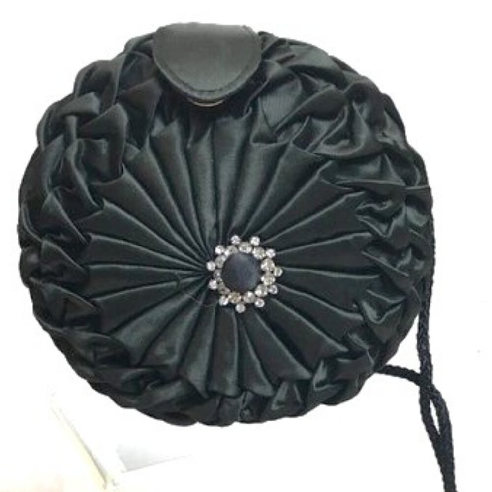 Sharmark Las Vegas Ruched  Black Satin Round Evening Crossbody Bag Purse VTG